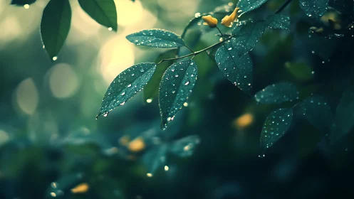 Raindrops rest on green leaves against a soft blurred background