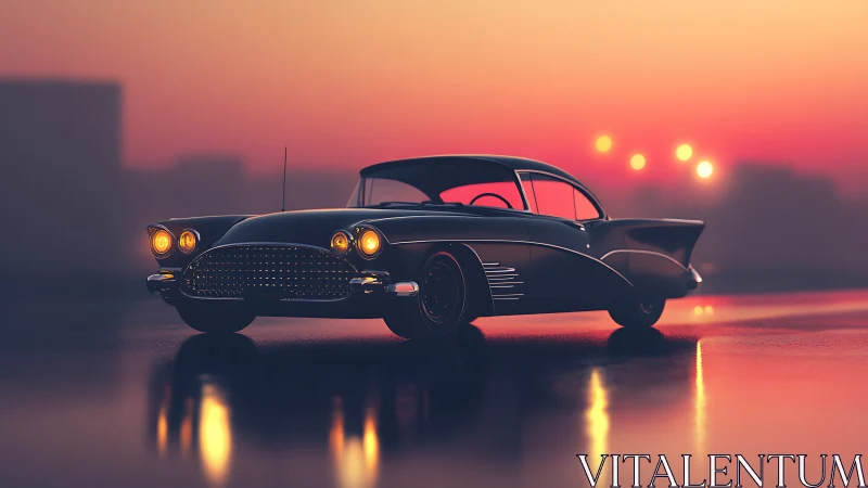 Futuristic classic coupe rendered against neon dusk horizon