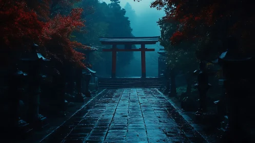 Misty stone path leading to red torii gate at twilight