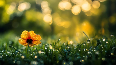 Macro depiction of dew-laden yellow flower in luminous bokeh field