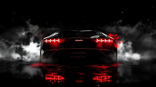 Lamborghini rear view burns through dark smoke and neon glow.
