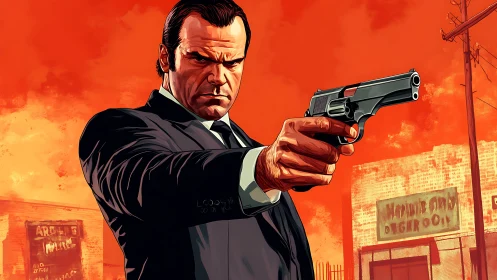 Ballistic perspective on suited gunman in stylized urban inferno.