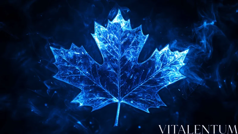 Luminous electric blue maple leaf on dark smoky void.