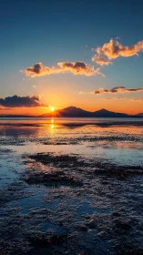 Coastal shoreline with sunset behind distant mountain range.
