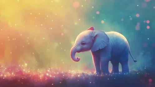 Neon gradient-lit baby elephant in bioluminescent field.
