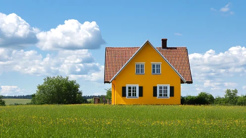 Sunny yellow country house stands in a wide green meadow.