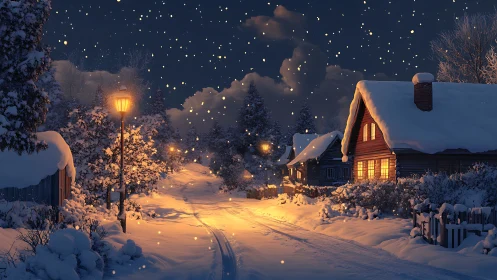 Snowy village lane glows under warm lamplight at night.