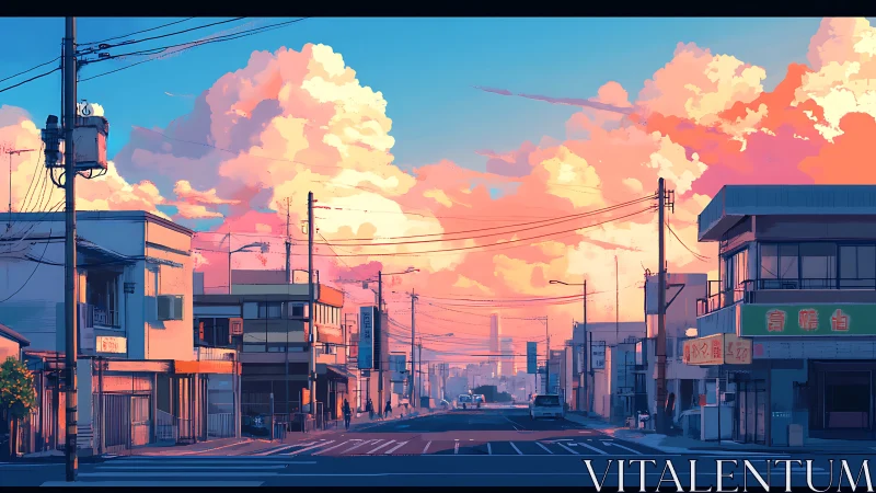 Digital painting of urban street under cinematic sunset sky.