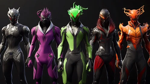 Five stylized armored humanoid characters in colored suits.