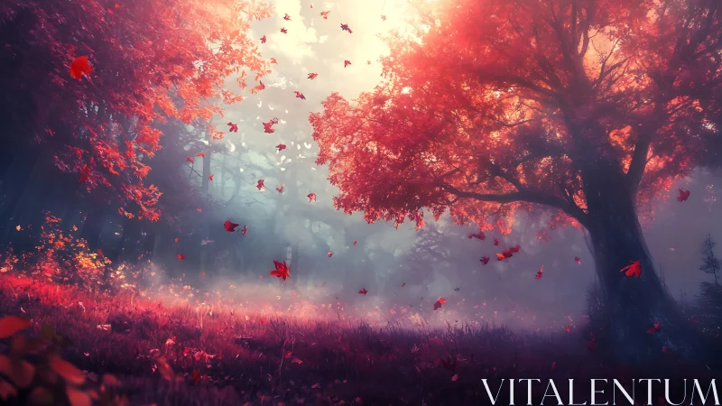 Digital forest landscape shows red foliage in diffuse light
