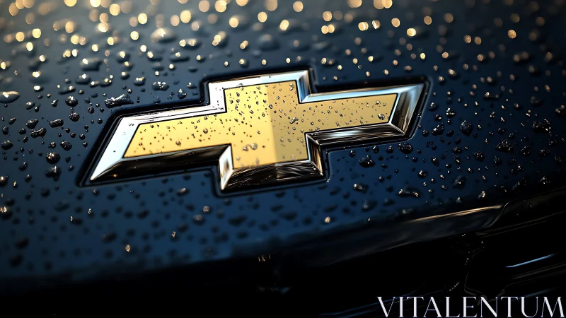 Chevrolet bowtie emblem on wet dark vehicle surface.