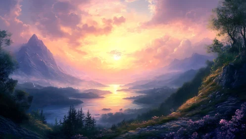 Radiant mountain sunrise over glowing fantasy valley lake.