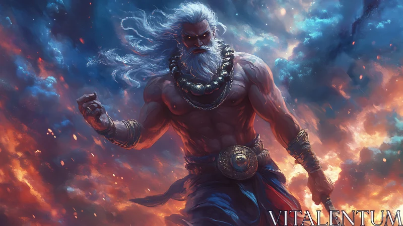 Storm crowned war god strides through burning twilight clouds