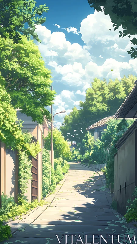 Sunlit suburban lane drifts quietly beneath soft summer clouds