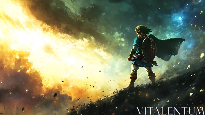 Heroic warrior faces cosmic storm on a shattered ridge