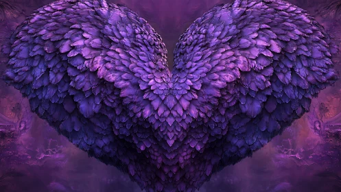 Violet feathered heart glows softly in a mystical haze