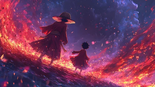 Two cloaked figures walking beside rising fiery waves.