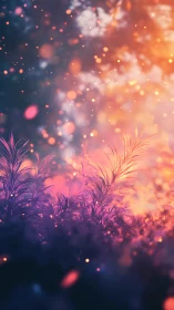 Dreamlike neon meadow under glowing bokeh sky.