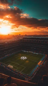 Sunlit football stadium glows under dramatic sunset sky