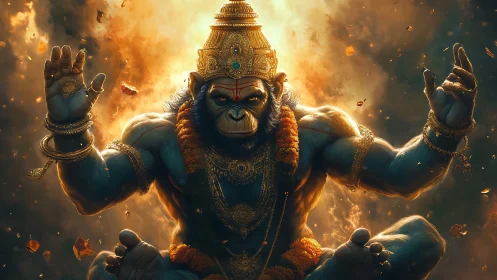 Powerful divine monkey deity in fiery golden setting.