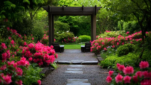 Garden path leads to wooden pergola with pink azaleas