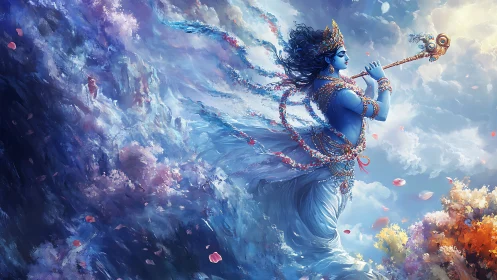Celestial blue deity plays flute through swirling heavens.