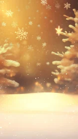 Snowy trees and golden winter background with snowflakes.