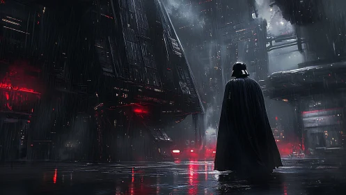 Lone dark figure patrols rain-soaked neon empire corridor.