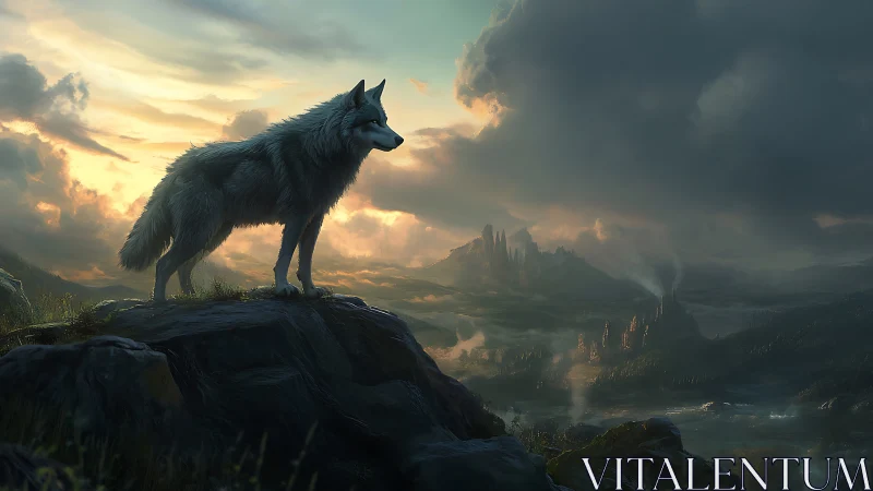 Lone grey wolf surveys misted valley in cinematic backlight
