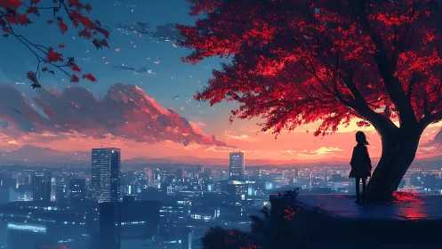 Silhouetted girl under crimson tree overlooking twilight city