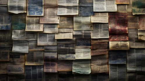 Aged text pages arranged in dense layered wall pattern.