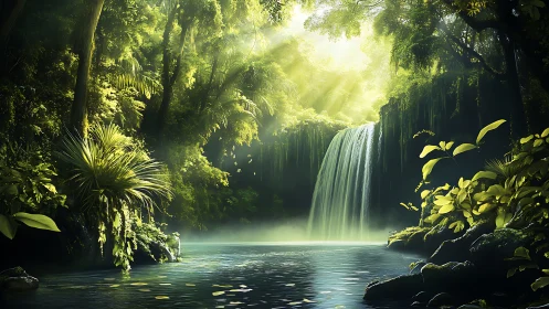 Jungle waterfall with cascading water flowing into turquoise pool.