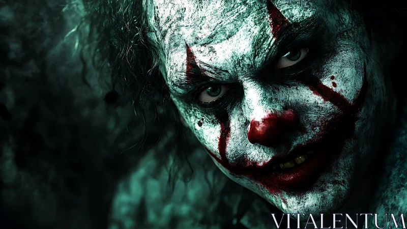 High contrast horror portrait shows close-up sinister clown face