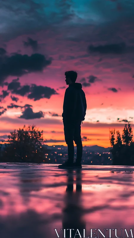 Silhouetted figure against high-saturation sunset sky reflection