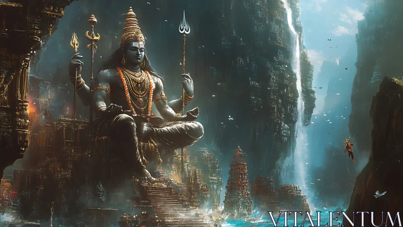 Colossal blue deity seated amid cascading cliff temples.