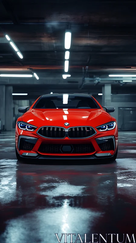 Scarlet BMW prowls a neon-lit parking lair with cold intent.