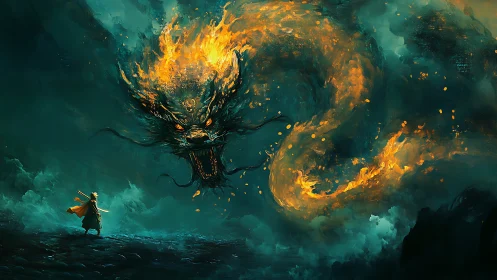 Stormlit warrior confronts blazing celestial dragon in mist.