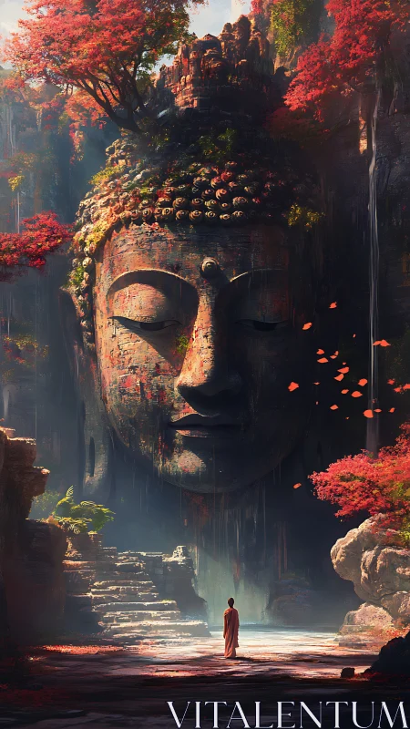 Silent stone Buddha dreams above a crimson forest pilgrim