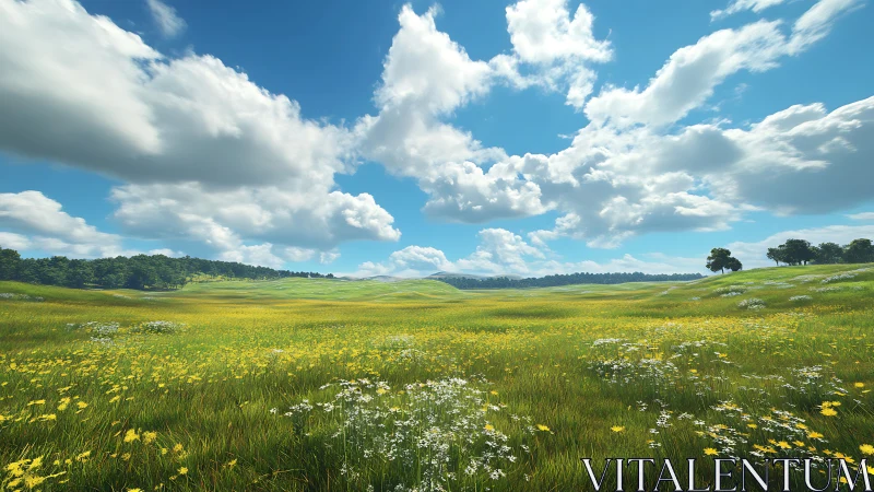 Sunlit wildflower meadow stretches beneath drifting clouds