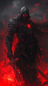 Hooded armored warrior stands in red fire and smoke