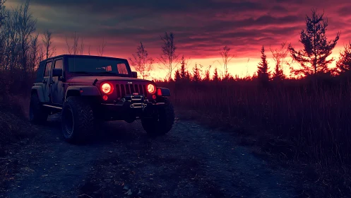 Bold off-road jeep enjoys a moody sunset forest trail