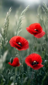 Vibrant Red Poppies Sway Among Soft Green Wheat