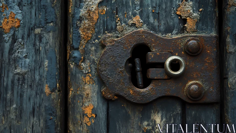 Corroded metal lock on weathered painted wooden surface.