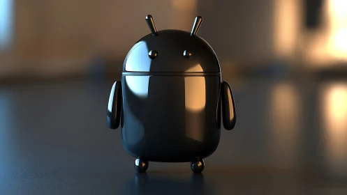 Glossy black android robot model stands on blurred surface