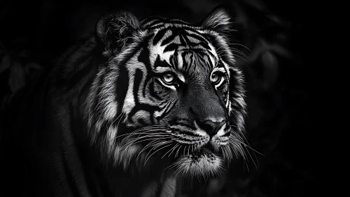 Monochrome tiger portrait with intense gaze in darkness.
