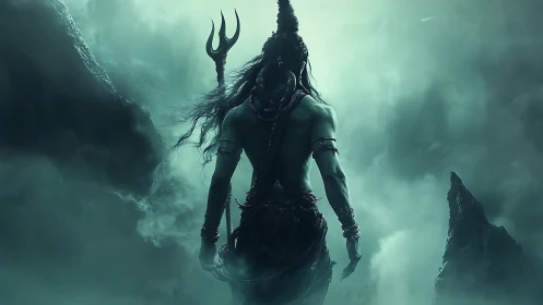Warrior figure holding trident stands in misty rocky void