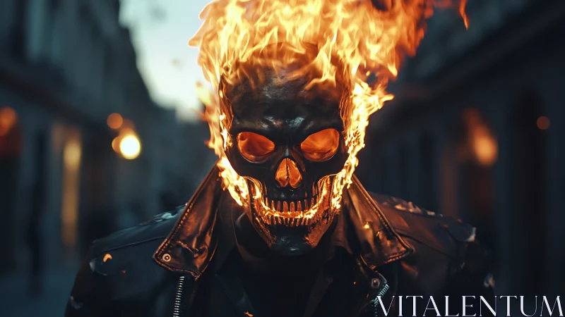 Flaming skull-headed figure stands in urban street at dusk