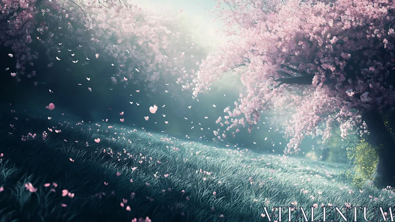 Gentle cherry blossoms drifting across a dreamy spring meadow.