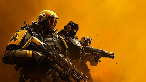 Armored sci fi soldiers with rifles in orange dust storm.