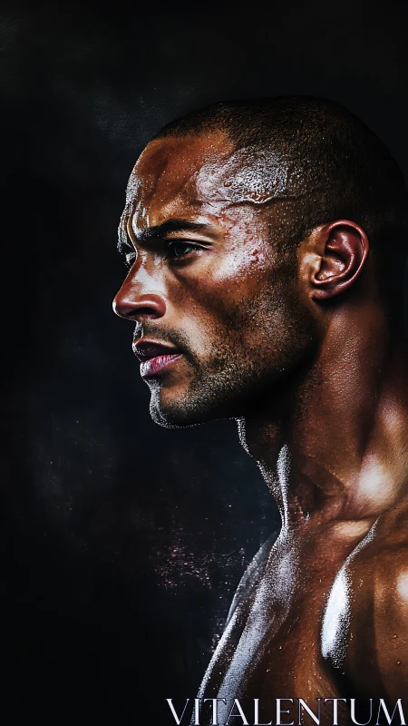 High-contrast side profile of perspiring athletic male in studio